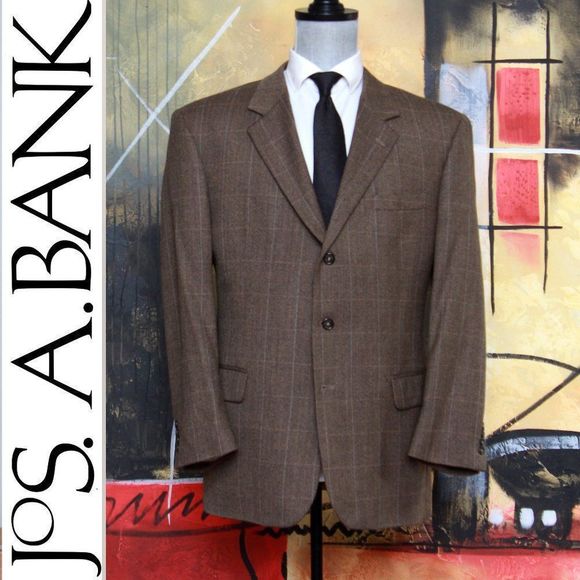 48R JOS A BANK Sportcoat Blazer Jacket Wool 3-Btn Brown Plaid C060494 - Picture 1 of 9